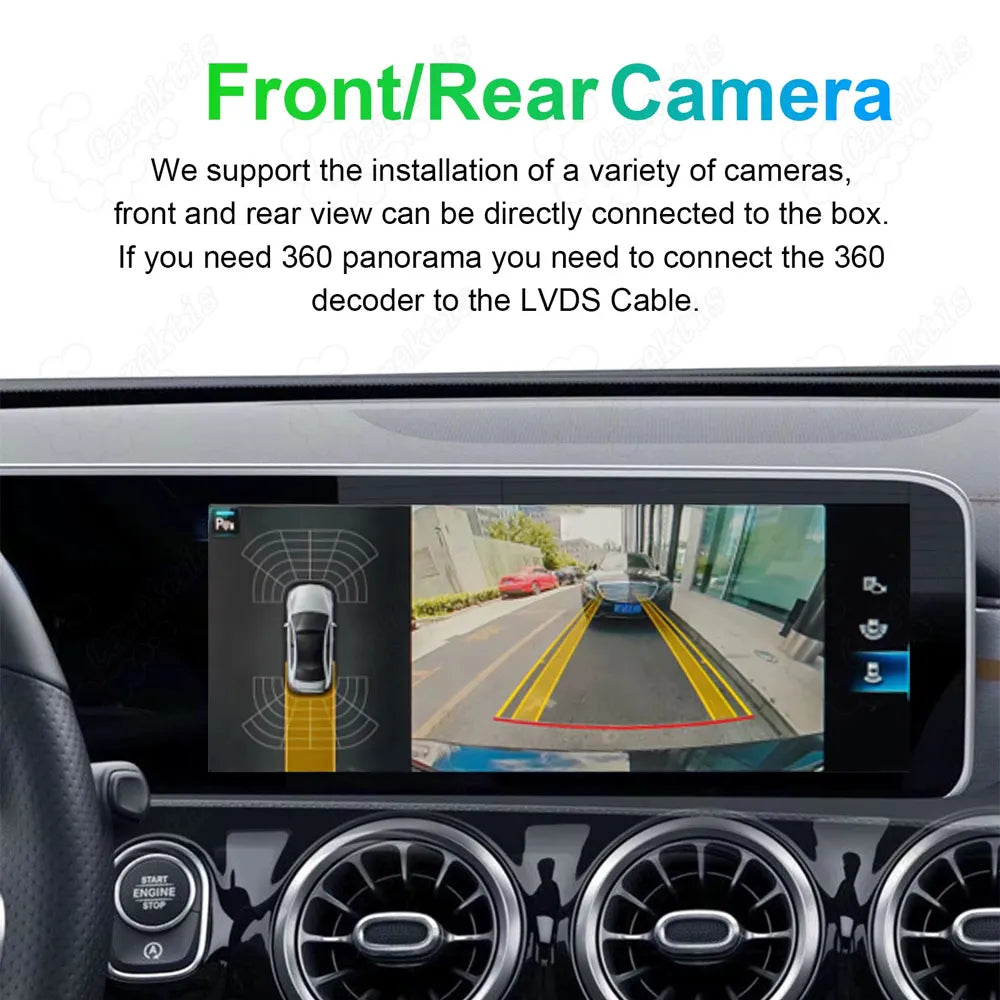 Front and rear backup camera view with 360 panorama decoder support displayed on the Mercedes infotainment screen.