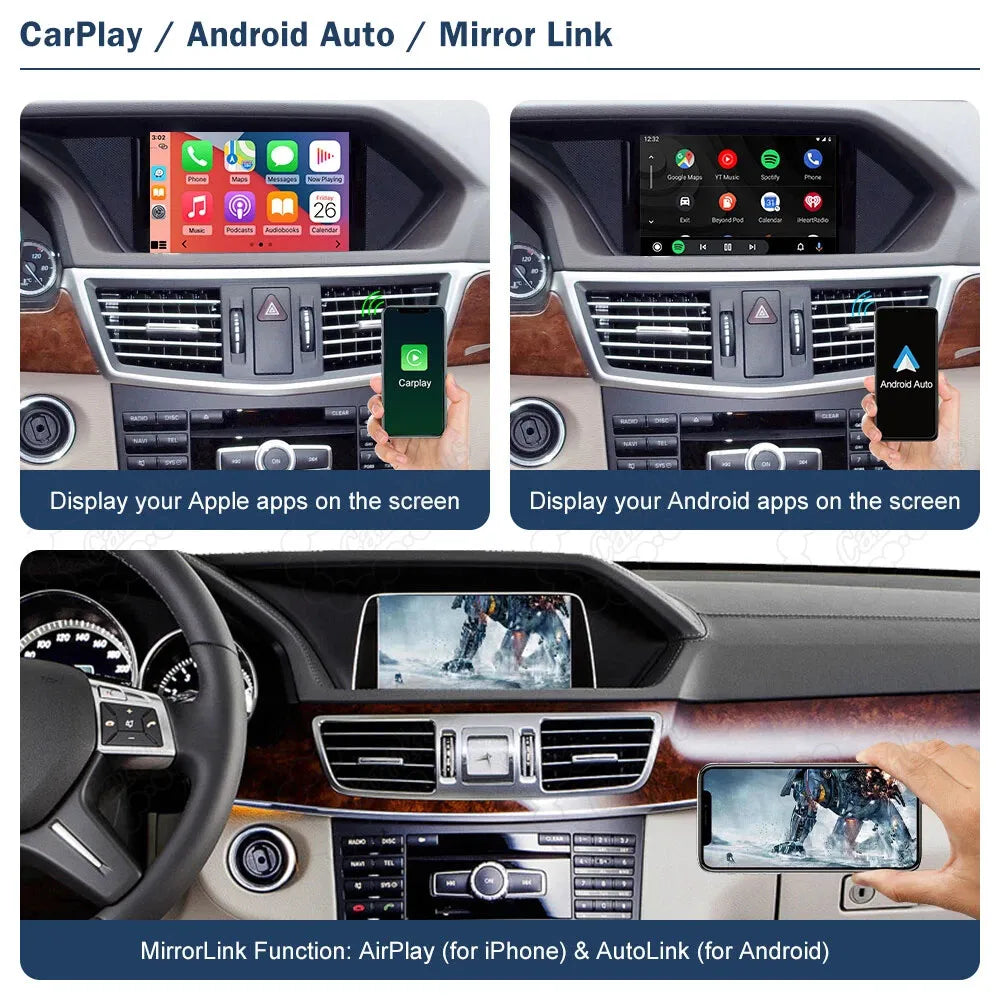 Demonstration of Apple CarPlay, Android Auto, and MirrorLink functions including AirPlay for iPhone and AutoLink for Android devices on the Mercedes central screen.