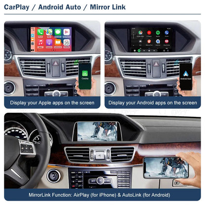 Demonstration of Apple CarPlay, Android Auto, and MirrorLink functions including AirPlay for iPhone and AutoLink for Android devices on the Mercedes central screen.