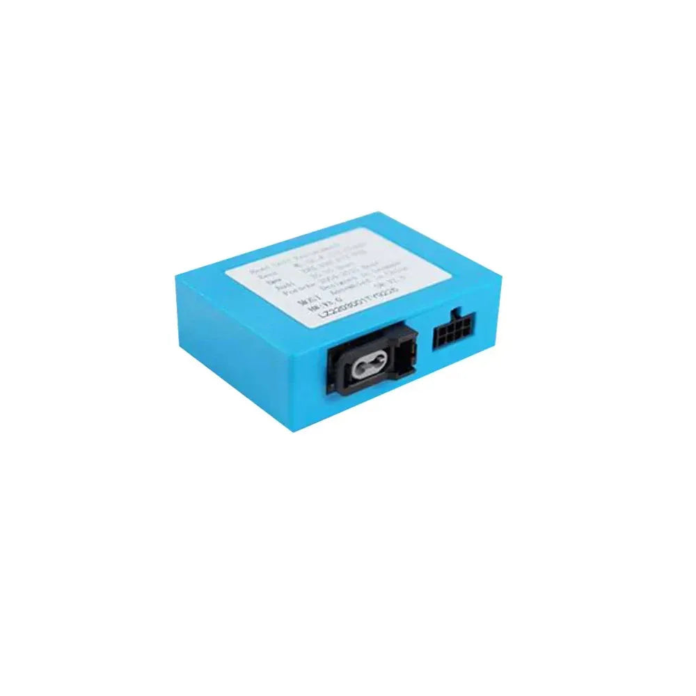 Side view of fiber optic decoder box showing optical input port and power connection socket for Mercedes Benz head unit replacement