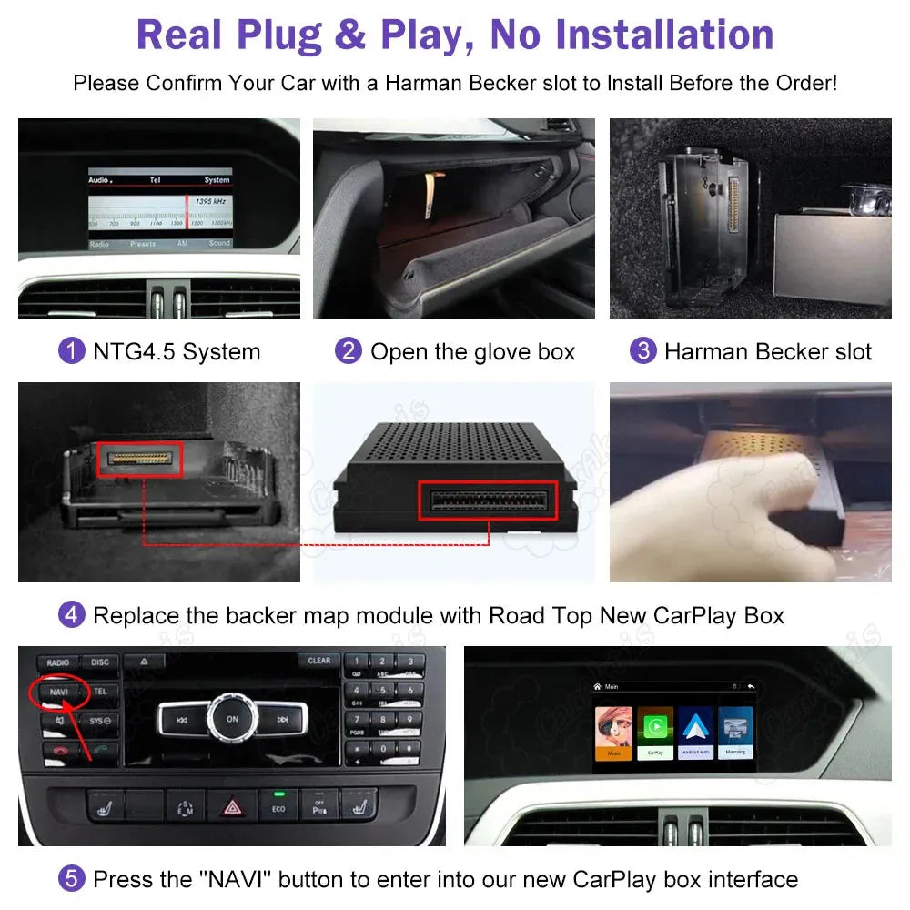 5-step plug-and-play installation guide showing how to replace the factory map module with the new CarPlay box in the glove box slot.