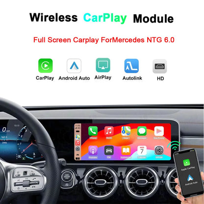 Full screen wireless CarPlay module upgrade for Mercedes NTG 6.0 MBUX system, supporting Android Auto, AirPlay mirroring, Autolink, and high-definition HD video input.