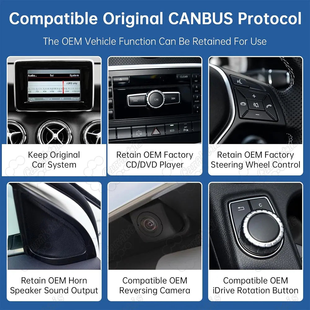 Compatible OEM CANBUS protocol retaining original Mercedes car system, CD player, steering wheel buttons, speaker output, and iDrive knob control.