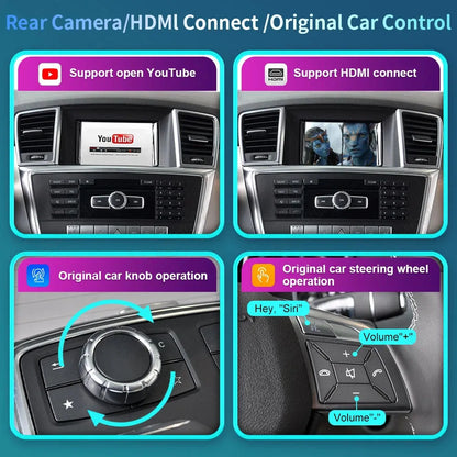 Four-panel infographic demonstrating module features including YouTube support, HDMI connect, original Mercedes central console knob operation, and steering wheel voice control.