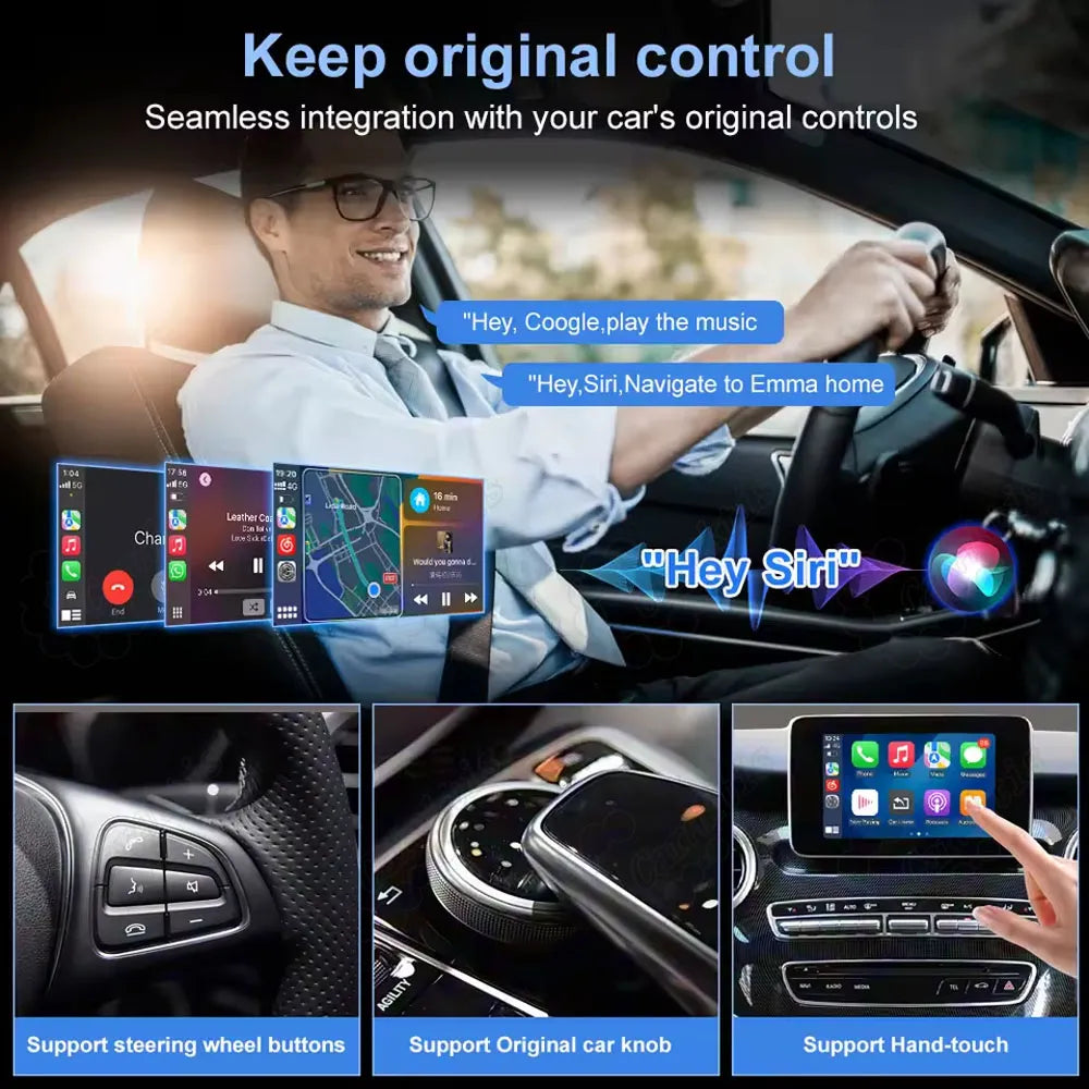 Seamless integration with Mercedes original controls including voice control via Siri and Google, steering wheel buttons, factory knob, and touch-screen support.