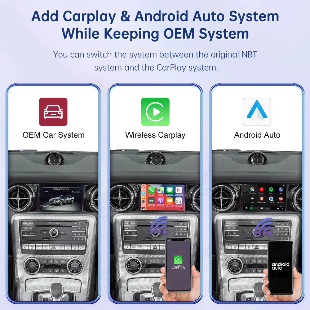 Seamless switching between Mercedes Benz factory OEM system, wireless Apple CarPlay, and Android Auto interfaces.