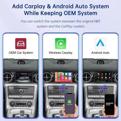 Seamless switching between Mercedes Benz factory OEM system, wireless Apple CarPlay, and Android Auto interfaces.