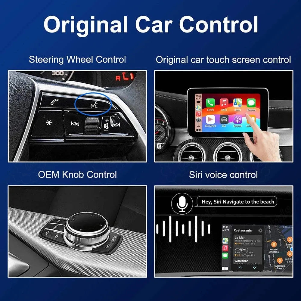 Diagram showing supported factory controls including steering wheel buttons, touchscreen control, OEM Comand knob, and Siri voice assistant.