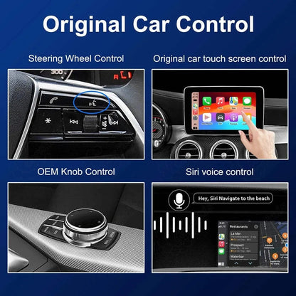 Diagram showing supported factory controls including steering wheel buttons, touchscreen control, OEM Comand knob, and Siri voice assistant.