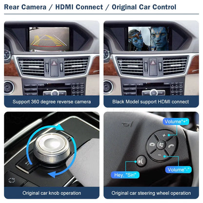 Product features highlighting 360-degree reverse camera support, HDMI video input, and seamless integration with the original Mercedes central knob and steering wheel controls.