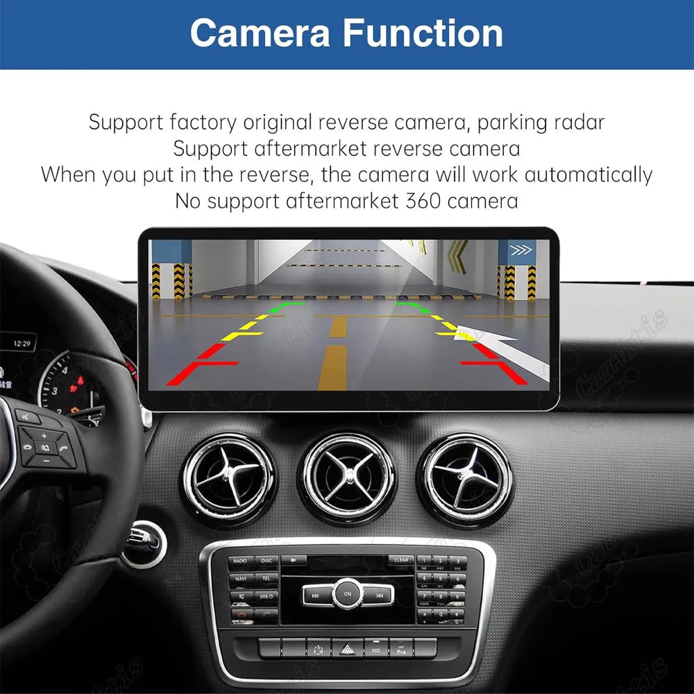 12.3-inch touchscreen displaying reverse camera parking guidelines and radar assistance on Mercedes-Benz interior dashboard.