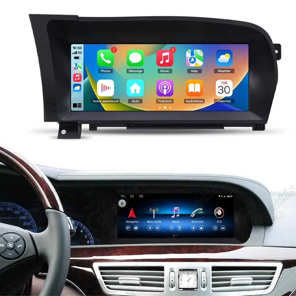 10.25 inch multimedia screen displaying Apple CarPlay and Mercedes-Benz original NTG system interface on S-Class W221