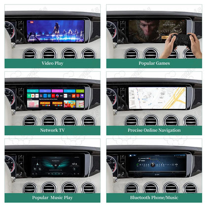 Mercedes-Benz W222 C217 Android head unit showing video playback, gaming, network TV, online GPS navigation, and Bluetooth streaming.