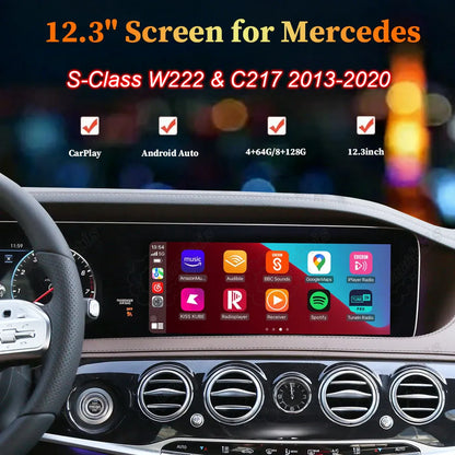 Mercedes-Benz S-Class W222 C217 12.3-inch dual screen Android upgrade with Apple CarPlay and Android Auto with OEM LCD cluster retained.