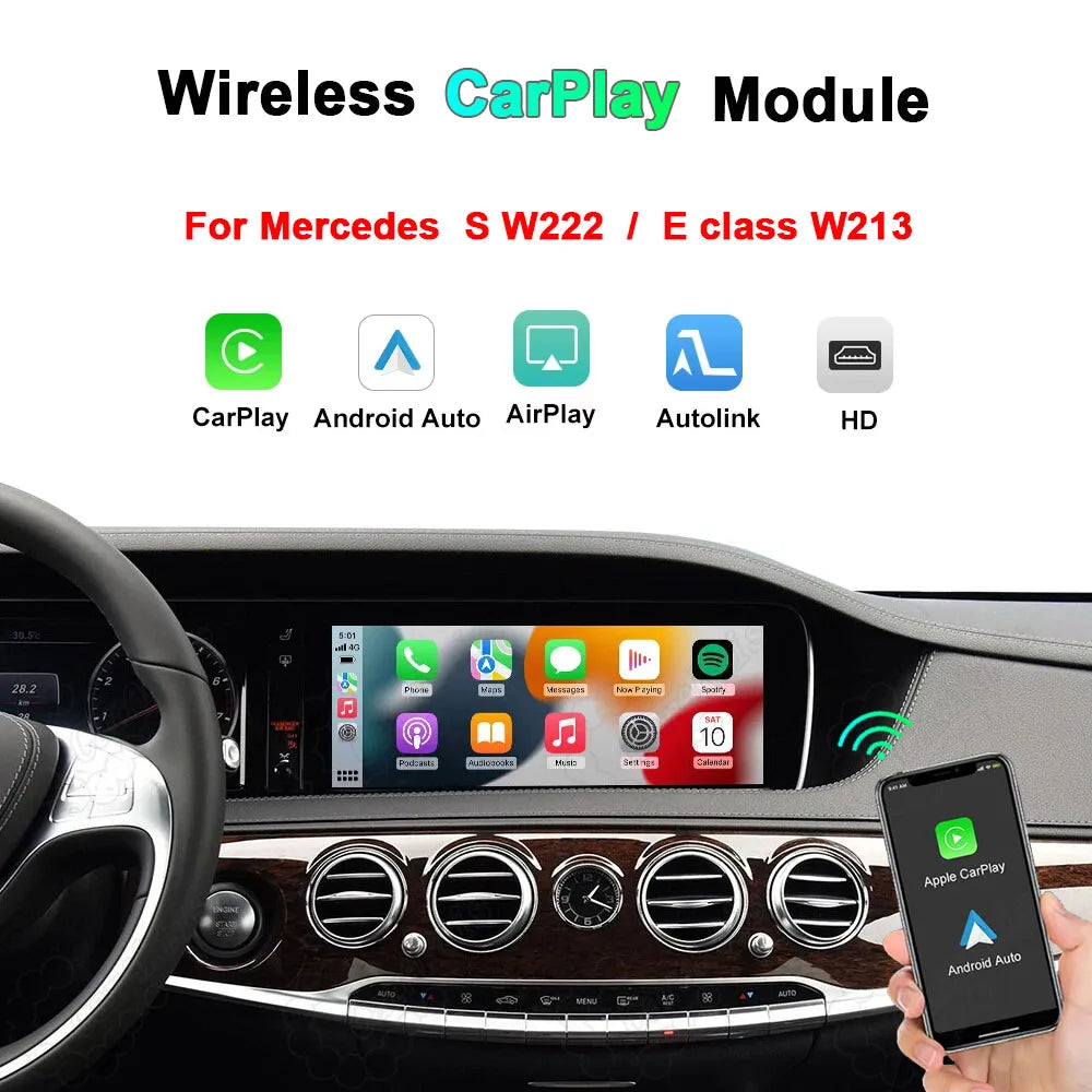 Wireless CarPlay and Android Auto upgrade module dashboard display for Mercedes Benz S-Class W222 and E-Class W213.
