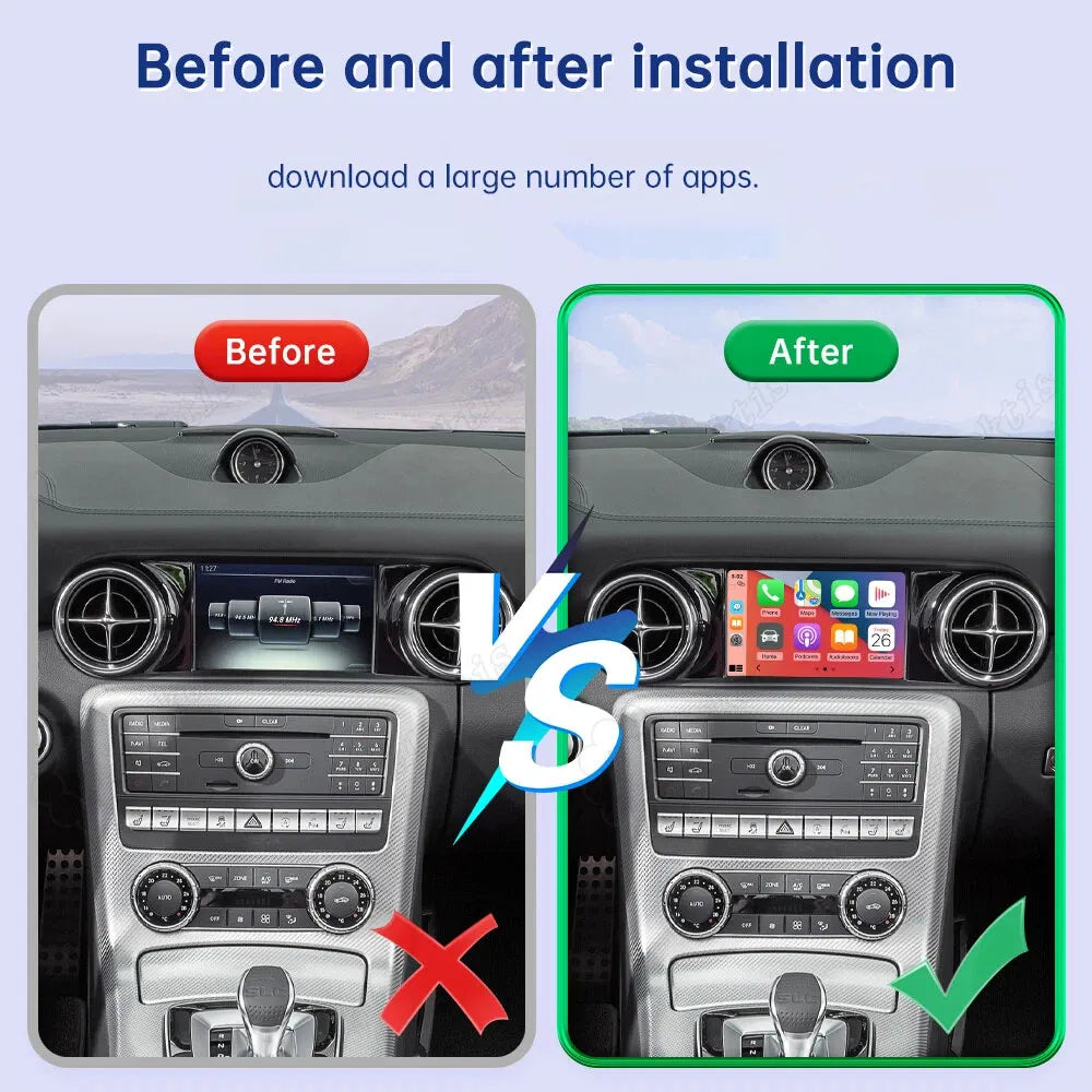 Before and after installation comparison of upgrading a Mercedes SL screen with wireless Apple CarPlay smart features.
