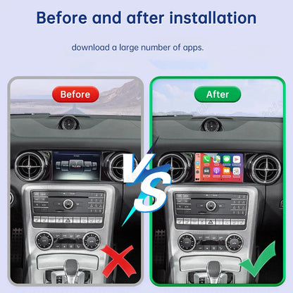 Before and after installation comparison of upgrading a Mercedes SL screen with wireless Apple CarPlay smart features.