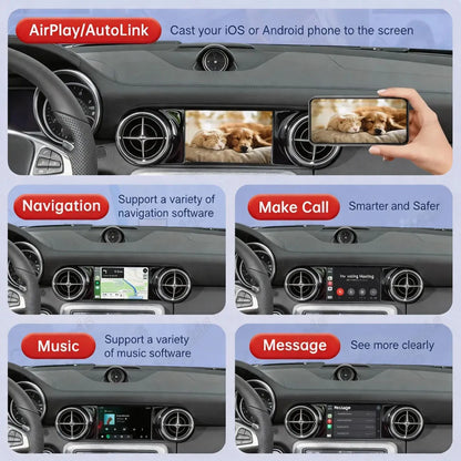 Multi panel view showcasing AirPlay screen mirroring, GPS navigation maps, hands free calling, and music streaming software on Mercedes monitor.