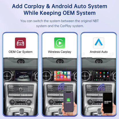 Infographic showing how to add CarPlay and Android Auto system while keeping the original Mercedes Benz OEM infotainment menu.