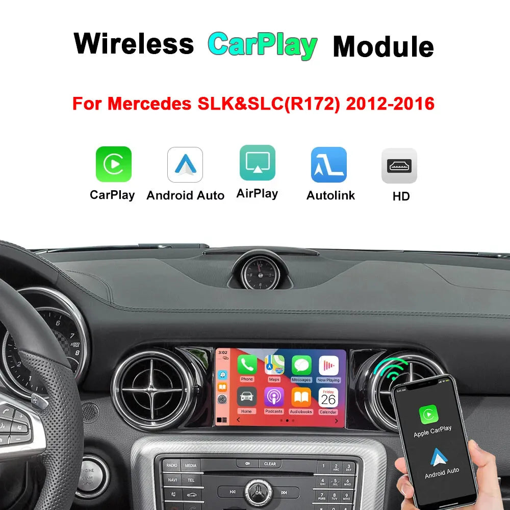 Wireless CarPlay and Android Auto retrofit module for Mercedes Benz SLK and SLC Class R172 2012 to 2016 dashboard screen.