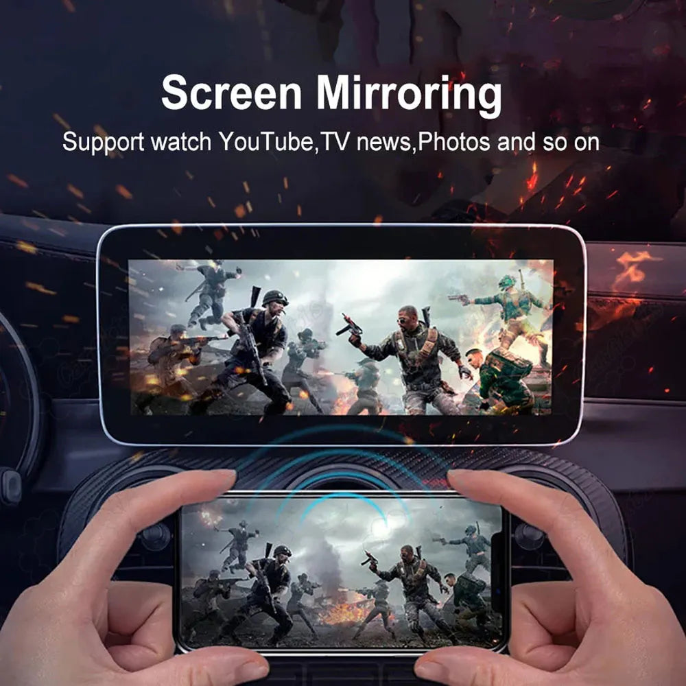 Mercedes dashboard screen mirroring function via AirPlay and Mirrorlink, streaming YouTube videos, TV news, and movies from a smartphone.