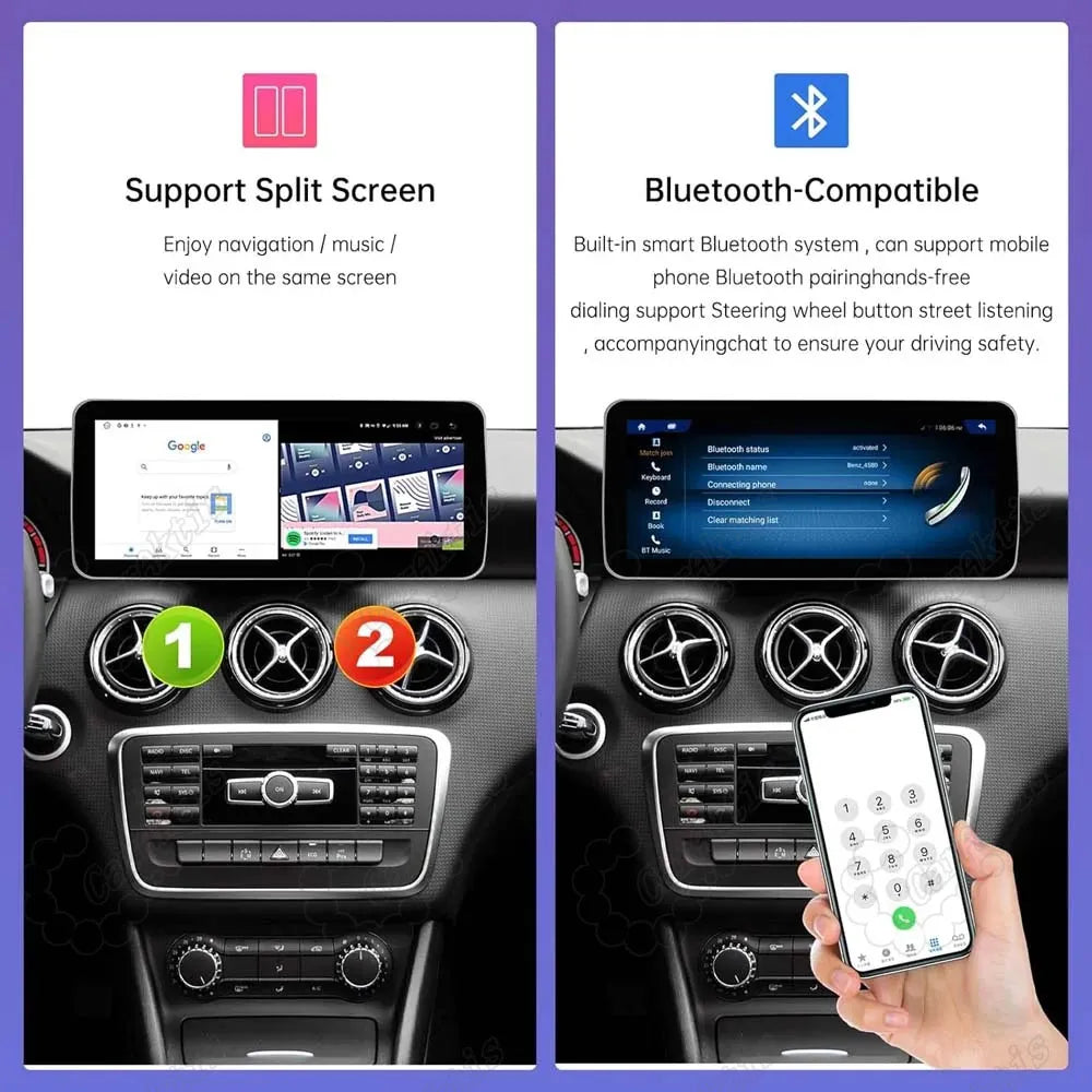 Dual functionality banner showcasing Android split-screen navigation and music alongside Bluetooth hands-free phone dialing interface.