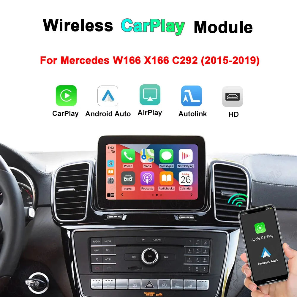 Wireless CarPlay and Android Auto module for Mercedes W166, X166, and C292 models from 2015 to 2019, showing smart screen integration.