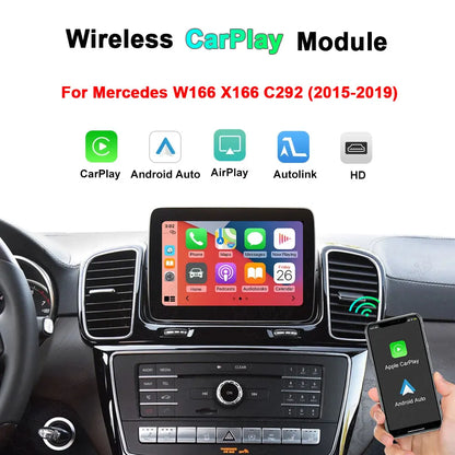 Wireless CarPlay and Android Auto module for Mercedes W166, X166, and C292 models from 2015 to 2019, showing smart screen integration.