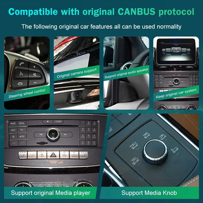 Mercedes Benz W166 X166 original CANBUS features compatibility including steering wheel controls, original camera, speakers, and media knob