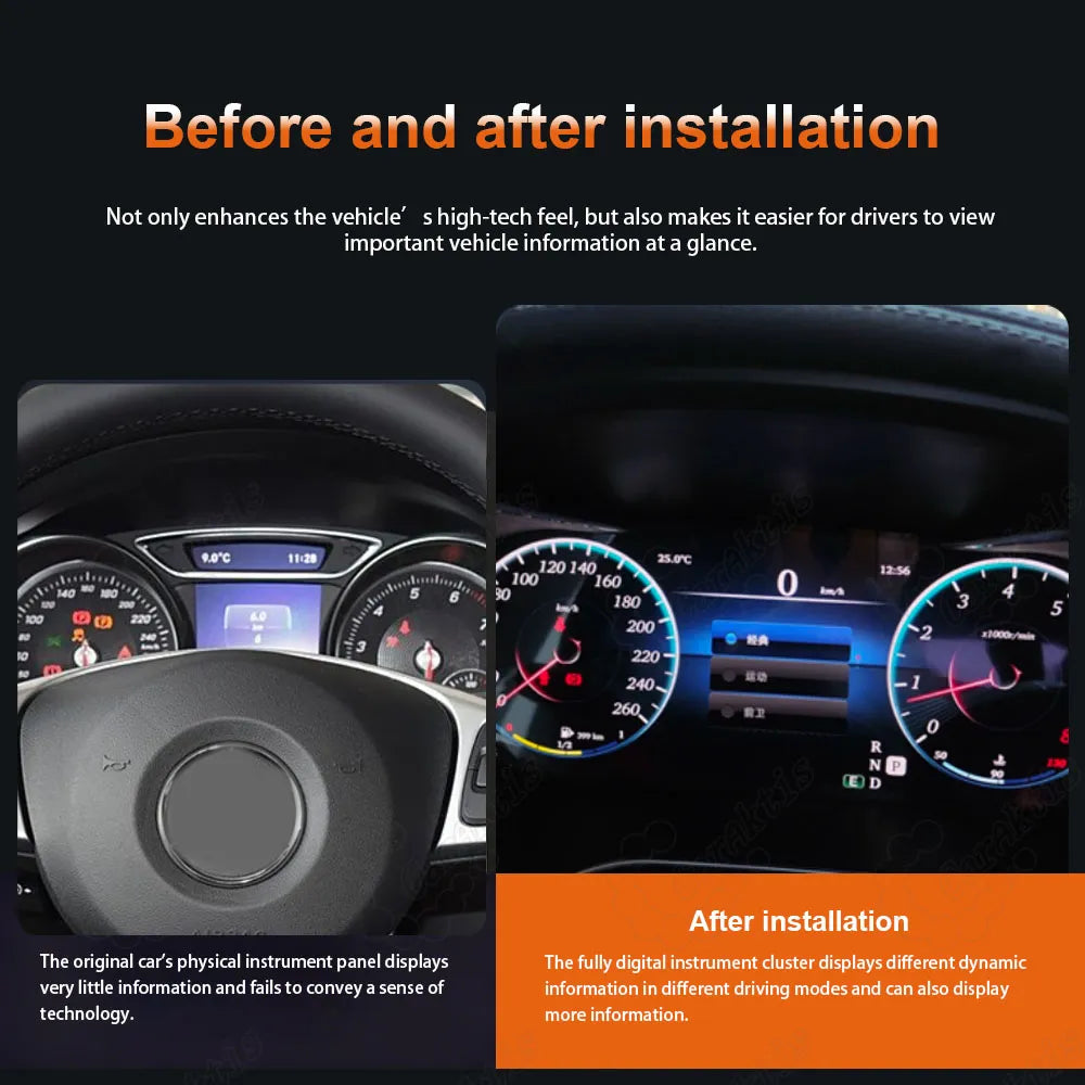 Before and after installation comparison of original physical speedometer vs 12.3 inch digital LCD cluster for Mercedes GLA CLA A Class