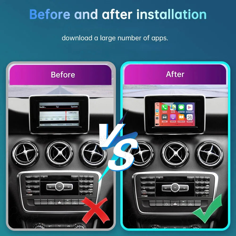 Before and after installation comparison of the wireless CarPlay screen upgrade on a Mercedes-Benz dashboard, showing the transition from the factory system to the smart interface.