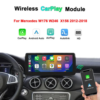 Wireless CarPlay and Android Auto module upgrade for Mercedes-Benz W176, W246, and X156 models from 2012 to 2018, featuring AirPlay and HD display support.