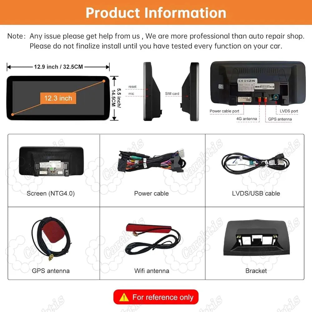 Detailed product dimensions, rear port mapping, and full installation kit breakdown for Mercedes C-Class W204 GLK touchscreen upgrade.