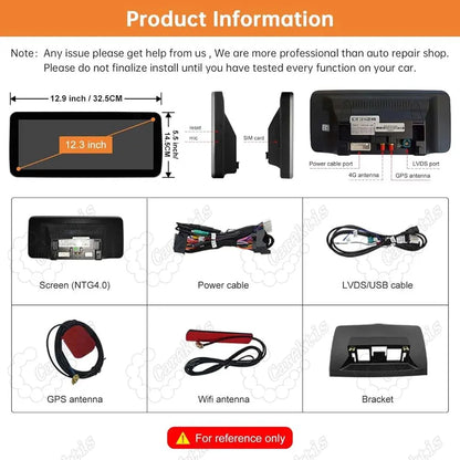 Detailed product dimensions, rear port mapping, and full installation kit breakdown for Mercedes C-Class W204 GLK touchscreen upgrade.