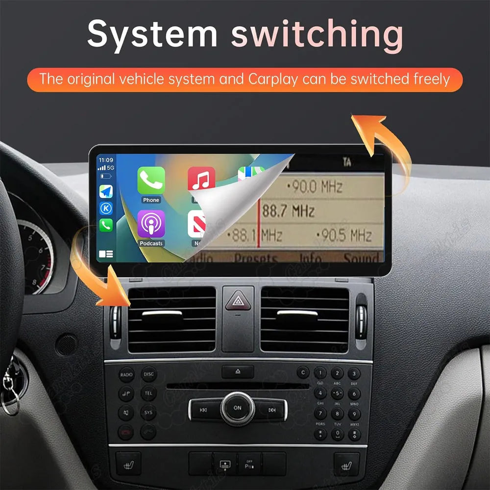 Free system switching demonstration between original Mercedes factory OEM radio and the new Android CarPlay interface.