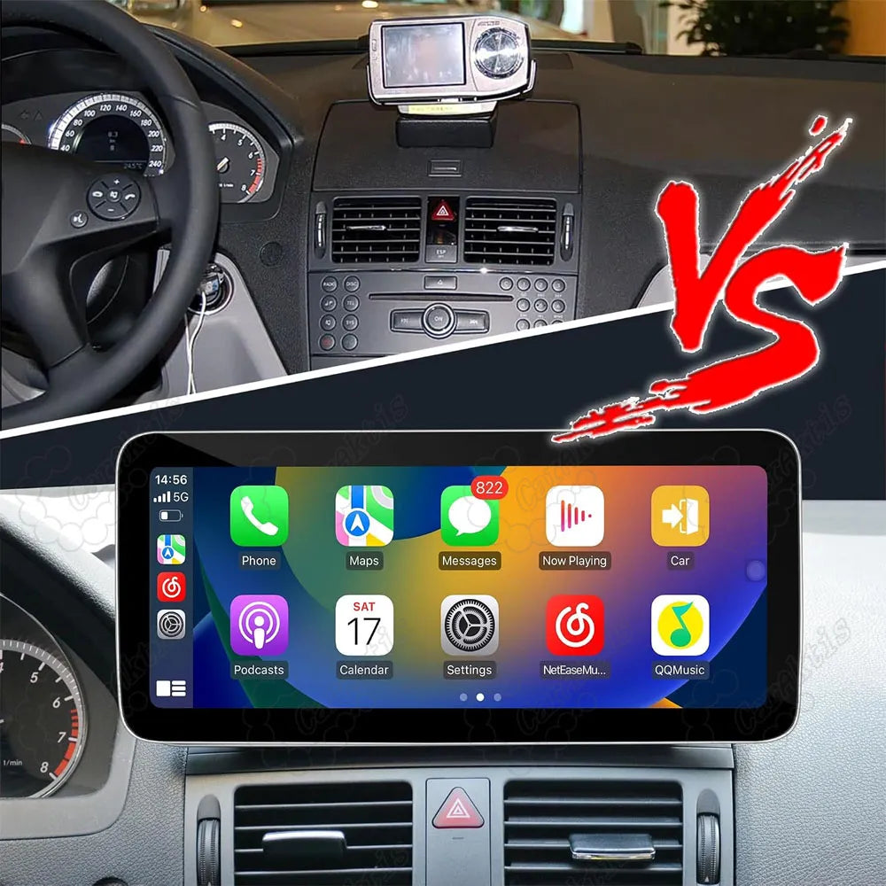 Before and after comparison showing the original small Mercedes dashboard display upgraded to a modern 12.3-inch HD touchscreen.