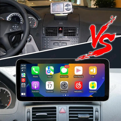 Before and after comparison showing the original small Mercedes dashboard display upgraded to a modern 12.3-inch HD touchscreen.