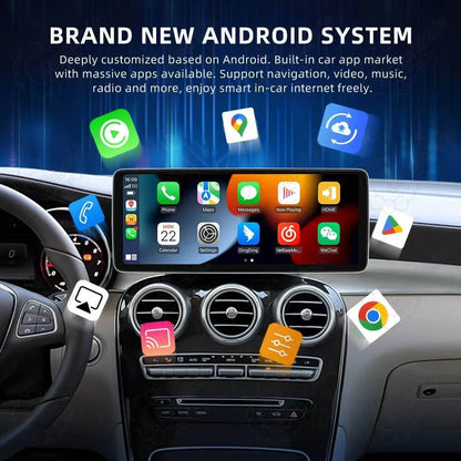 Brand new Android system interface for Mercedes-Benz W205 C/GLC Class 12.3-inch screen upgrade, showing built-in car app market for massive navigation, video, and music app downloads.
