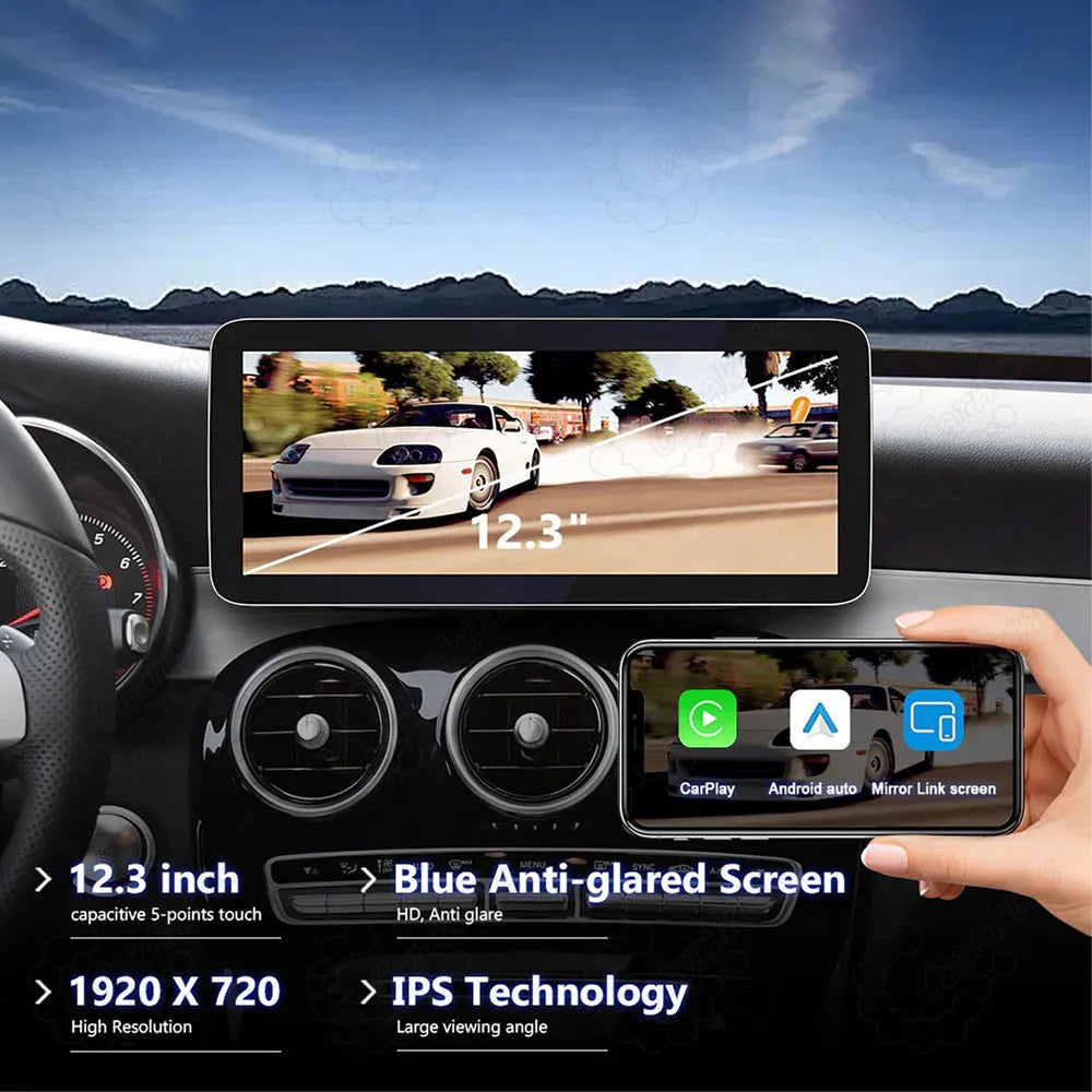 12.3-inch HD 1920x720 blue anti-glare IPS capacitive touchscreen for Mercedes-Benz W205, supporting wireless CarPlay, Android Auto, Mirror Link, and wide viewing angles.