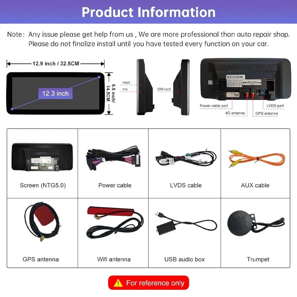 Product dimensions diagram and included wiring accessories for 12.3 inch Mercedes NTG5.0 multimedia screen