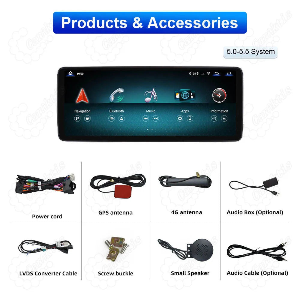 Package contents and included accessories for Mercedes-Benz W205 C/GLC Class 12.3-inch Android screen upgrade, including power cord, GPS antenna, 4G antenna, LVDS converter cable, audio box, speaker, and wiring cables.