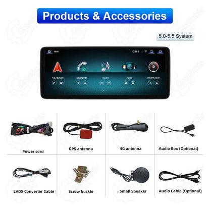 Package contents and included accessories for Mercedes-Benz W205 C/GLC Class 12.3-inch Android screen upgrade, including power cord, GPS antenna, 4G antenna, LVDS converter cable, audio box, speaker, and wiring cables.