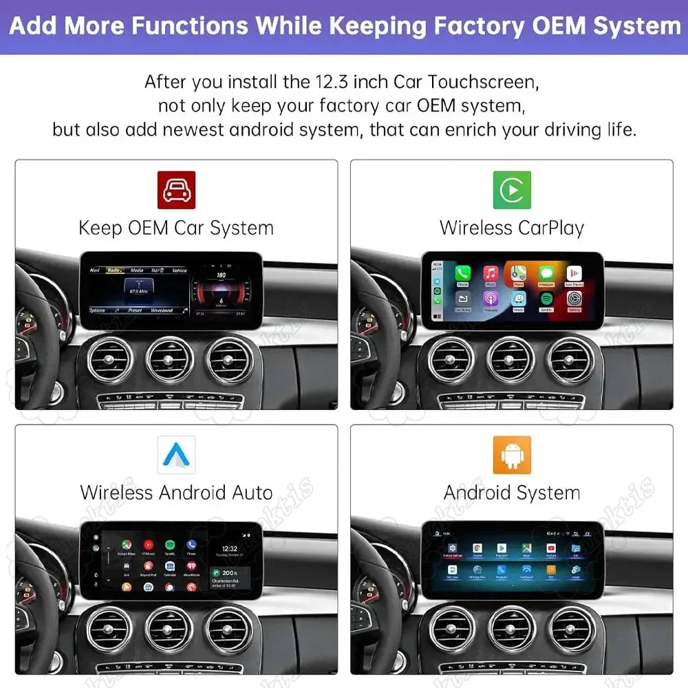 Main features overview showing OEM system, Wireless CarPlay, Android Auto, and Android OS on Mercedes dashboard