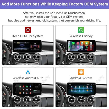 Main features overview showing OEM system, Wireless CarPlay, Android Auto, and Android OS on Mercedes dashboard