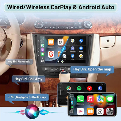 Mercedes Benz W211 W219 car radio featuring wireless CarPlay and Android Auto with Siri voice control hands-free navigation