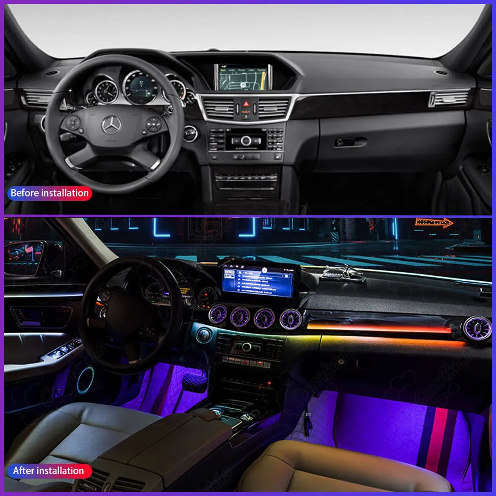 Before and after comparison of Mercedes-Benz W212 interior ambient lighting installation with illuminated air vents.