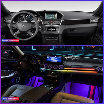 Before and after comparison of Mercedes-Benz W212 interior ambient lighting installation with illuminated air vents.