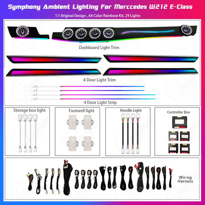 Mercedes-Benz W212 ambient lighting kit package with illuminated turbine-style air vents and included interior lighting components.