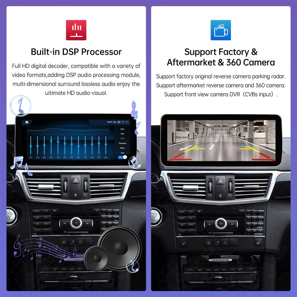 Built-in DSP audio processor equalizer and 360-degree reverse camera display support for Mercedes Benz car radio