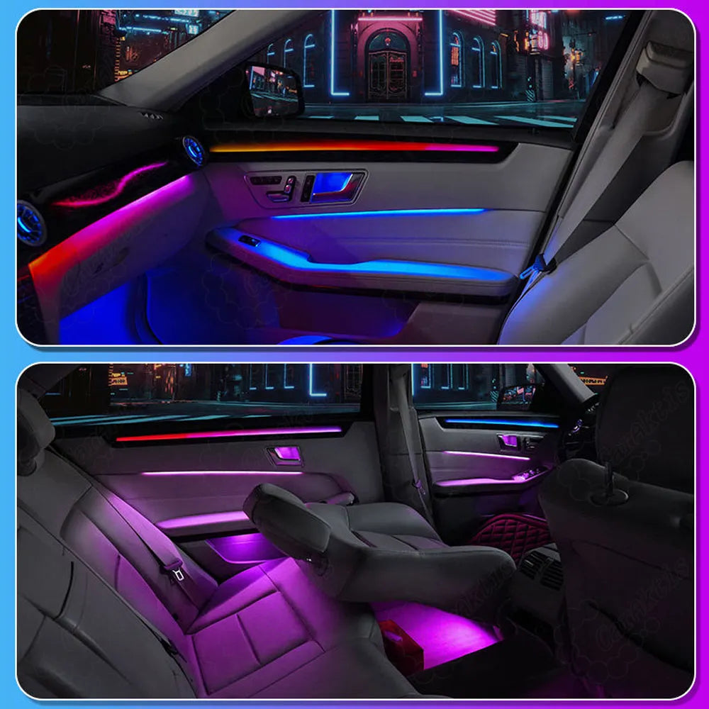 Mercedes-Benz E-Class W212 door panel ambient lighting showcasing the upgraded interior at night.